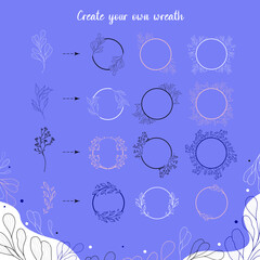 Wreath creation kit. Set of the hand-drawn botanical wreaths. Wedding flourish laurel wreaths for invitation card.