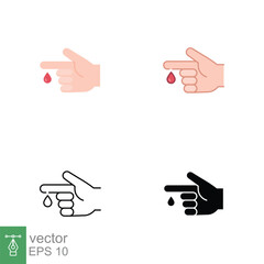 Blood on finger icons in different style. Vector people hand injured isolated symbol. Glucose, insulin test, diabetes concept. Designed in filled outline, line, flat, glyph and solid style. EPS 10.