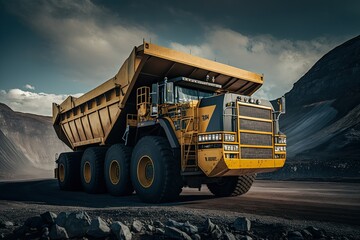 Big yellow truck at the construction site with stormy sky in the background. Generative AI. 