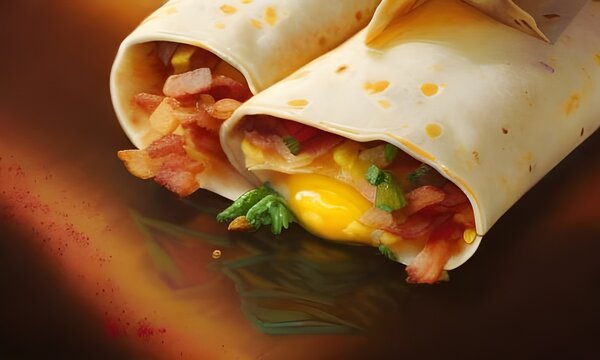 Egg Bacon Green Chiles Breakfast Burrito Wrap. Created with Generative AI.