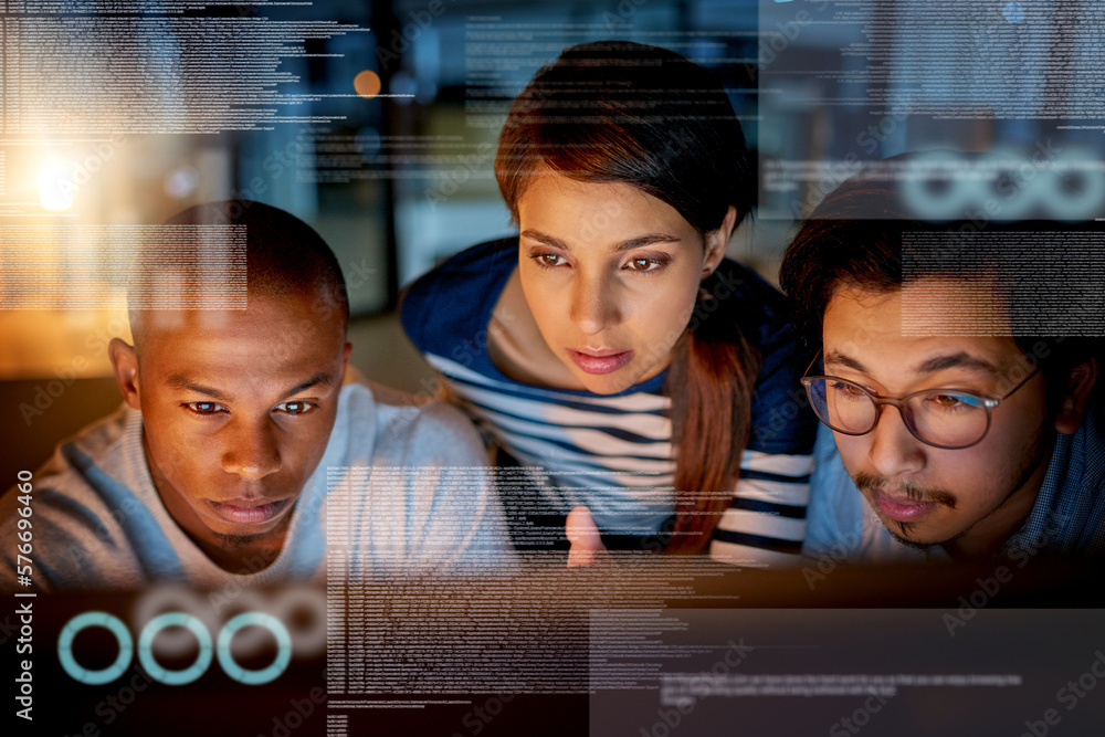 Poster Trying to fix software issues together. Shot of computer programmers looking through data in the office.