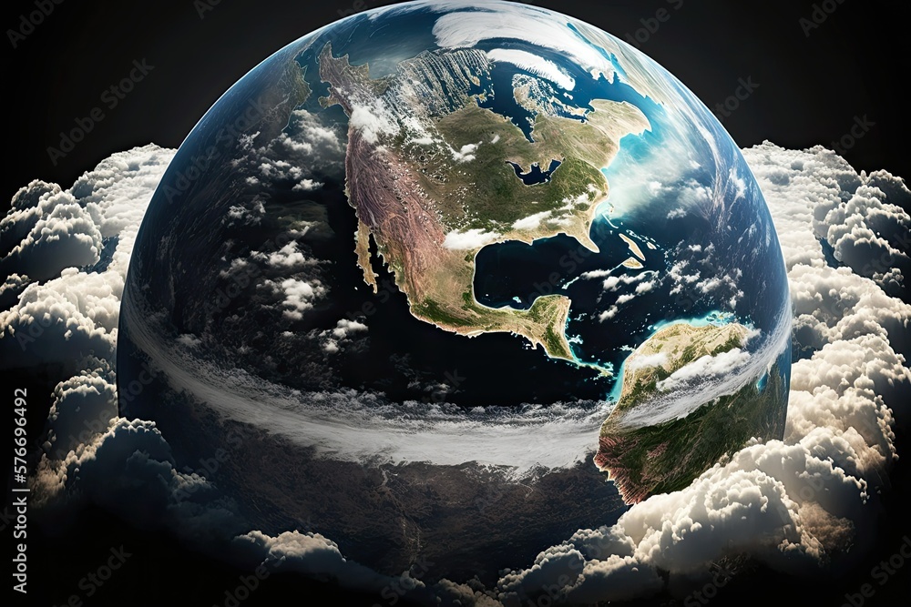 Wall mural view of planet earth from space with clouds circling around the globe. generative ai.