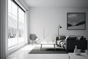 Contemporary white living room with big open windows letting in lots of light. Generative AI. 