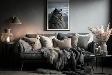 Grey sofa with pillows and a photo of wolf on the wall over it. Generative AI. 
