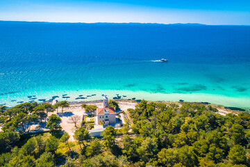 Island of Vir archipelago lighthouse and beach aerial panoramic view - obrazy, fototapety, plakaty