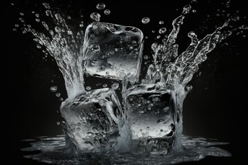 Three icy ice cubes splashing water on black background. Generative AI. 