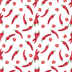 seamless chilli pattern, hot chilli repeat print,  Red hot pepper background, Food background, Vegetables illustration, Spicy hot peppers design