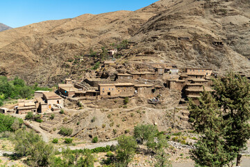 Morocco Atlas mountains with clay villages on May 2022.