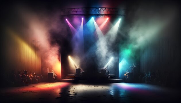A stage is lit up with colored spotlights for live concerts and music festivals. Generative AI