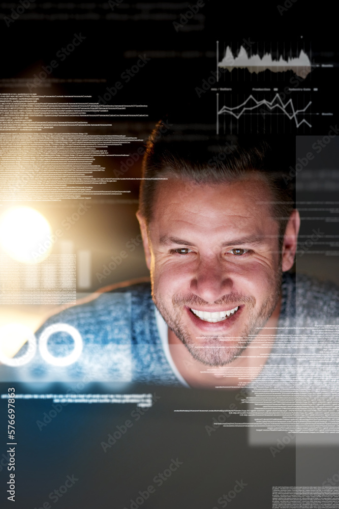 Aufkleber Metadata is his playground. Shot of a smiling computer programmer working at his computer late at night.
