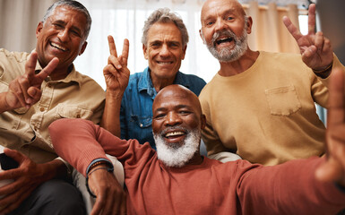 Portrait, selfie and senior friends with peace sign in house, having fun or bonding together. V emoji, retirement and happy elderly group of men laughing and taking pictures or photo for social media