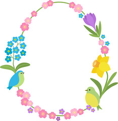 Cute spring frame egg shape. Easter Passover design beautiful floral frame with spring birds. Flat design, bright colors, copy space. 