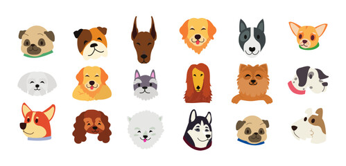 Obraz premium Different types of cartoon dog faces vector icons.