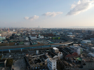 航空撮影した大阪府の堺市の港の全景パノラマ風景