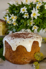 easter cake with flowers, easter background, tradition ukrainion easter sweet bread, easter cakes close up