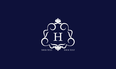 Luxury calligraphic logo with decorative frame and centered letter H. Floral monogram template for restaurant, royalty, boutique, cafe, hotel, heraldry, jewelry, fashion.