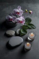 illustration, spa stones and orchids and candles on a gray table, ai generative