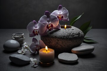 illustration, spa stones and orchids and candles on a gray table, ai generative