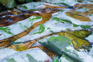 水の流れで削られた岩のある風景 鳥取県 赤波川おう穴群
