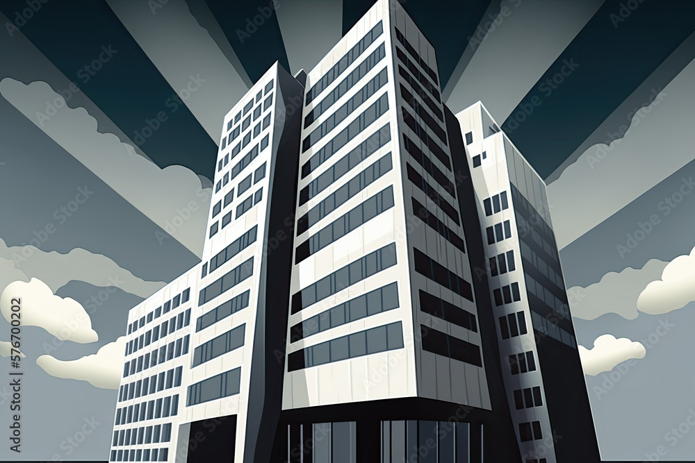Poster perspective of a dark, skyscraping building set against a dreary gray blue sky. abstract skyscraper 