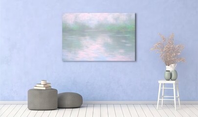  a room with a chair and a painting on the wall.  generative ai