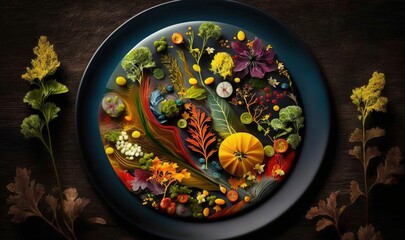  a plate with a variety of flowers and plants on it.  generative ai
