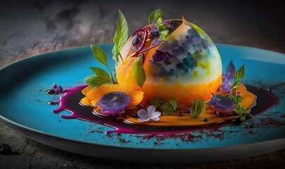  a blue plate topped with an egg covered in paint and flowers.  generative ai