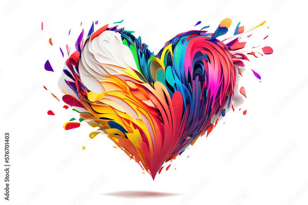 Poster colored drops paint splatter in form of heart shape abstract on white background. transparent png. g