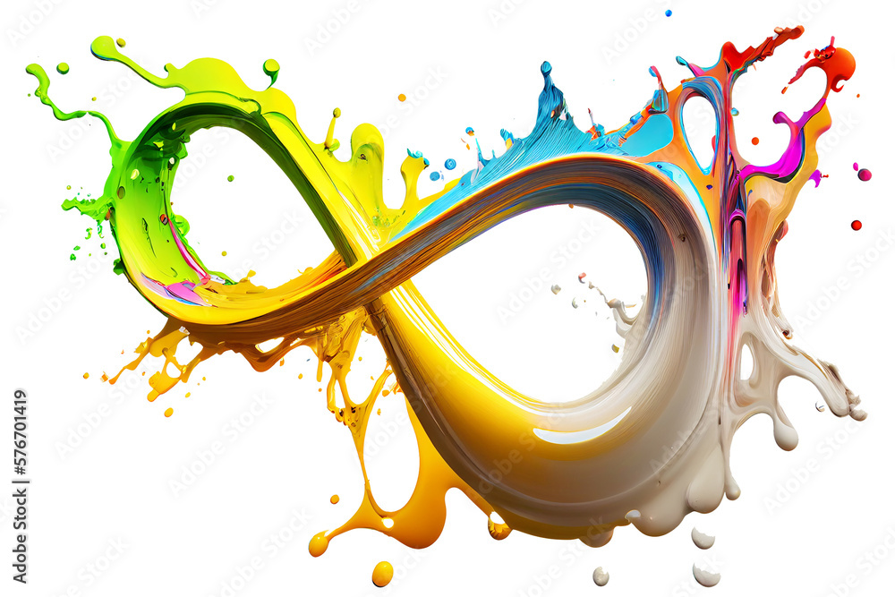 Poster abstract infinity sign splashes color spectrum flying bright multicolored paint splatter in the shap