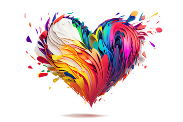 Colored drops paint splatter in form of heart shape abstract on white background. Transparent png. Generative ai