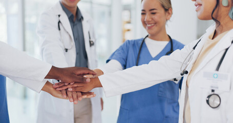 Doctors, hands or stack in teamwork, collaboration or motivation for healthcare, wellness or...