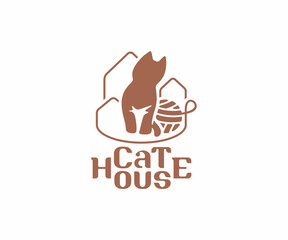 Kitten plays with a ball of thread graphic design. Pet sitting at cat house vector design. Animal care and veterinary clinic logo design