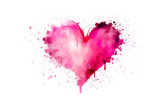 Watercolor Heart love with drops paint wedding splatter. Red spot in the shape of a Valentine heart on white background. Transparent png, Generative ai