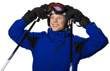 Young man skier isolated on white