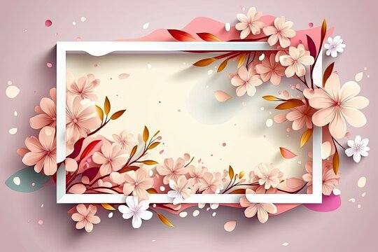 Springtime floral abstract picture frame. Blurred, transparent elements and falling cherry blossom petals populate a springtime cherry blossom themed background. Generative AI