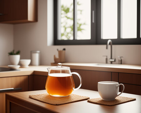 glass cup of spring tea and teapot in a cozy kitchen created with Generative AI technology