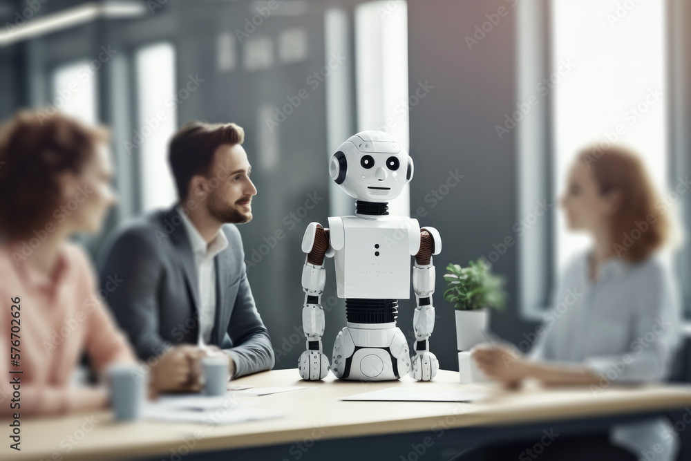 Poster a robot working in a modern office with real people. ai artificial intelligence technology at work. 