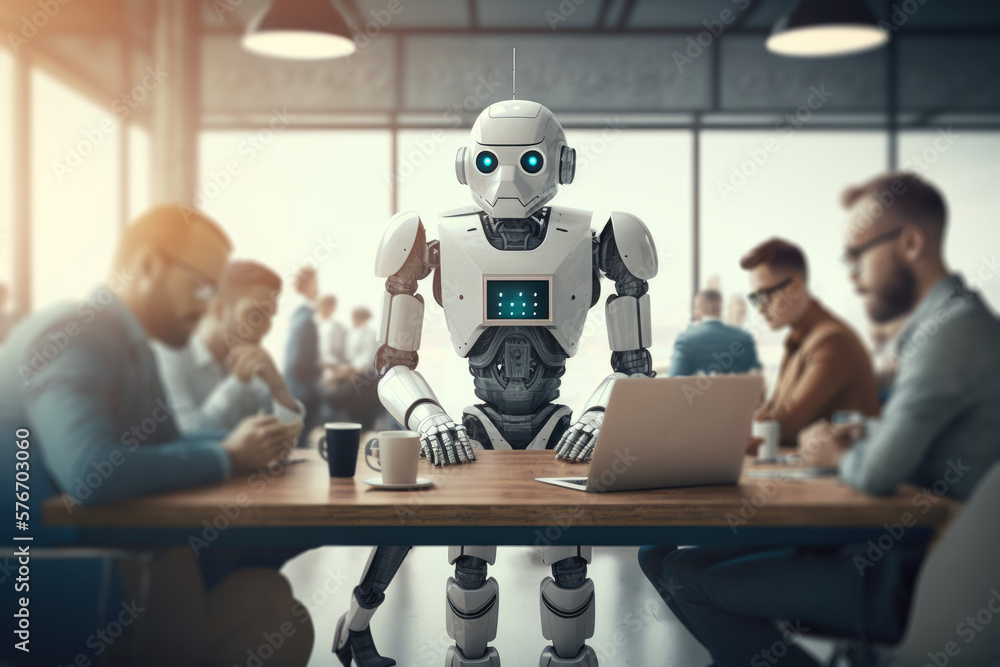 Poster a robot working in a modern office with real people. ai artificial intelligence technology at work. 