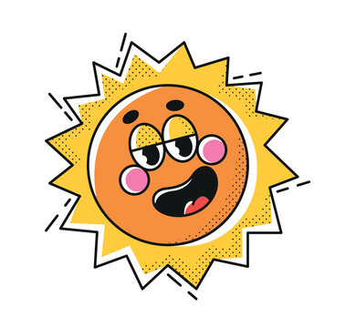 Funny sun with smile and eyes. Cute patch or emblem with cartoon style character. Comic sticker design.