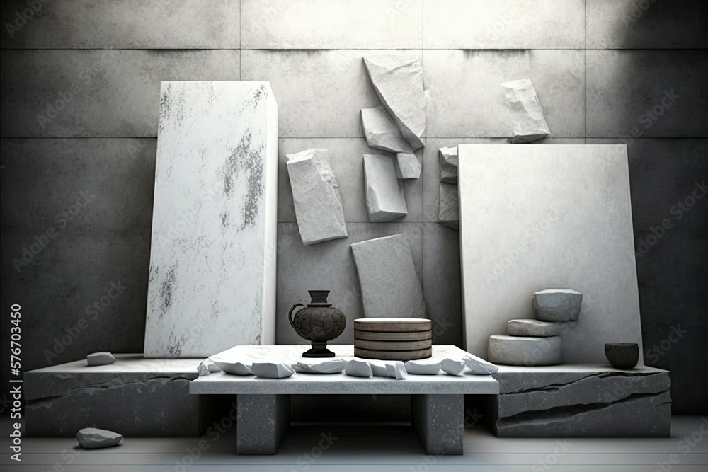 Aufkleber placement of objects and setting of the podium with the use of rough stone slabs, a marble counter, 