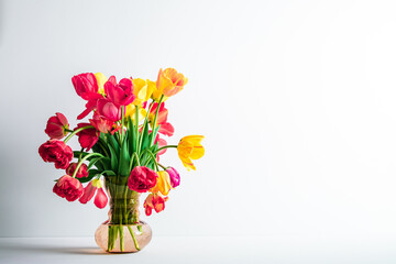 Big flowers bouquet of multicolored tulips in vintage glass vase on white color background with copy space. Business card. Invitation postcard. Place for greeting text. International holiday. Banner