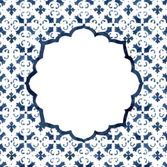 Watercolor square frame consisting of blue classical elements and Mediterranean tiles. Hand painted traditional illustration isolation on white background for design, print, fabric or background.