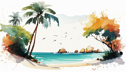 Tropical Beach - Watercolor - Generative AI Art