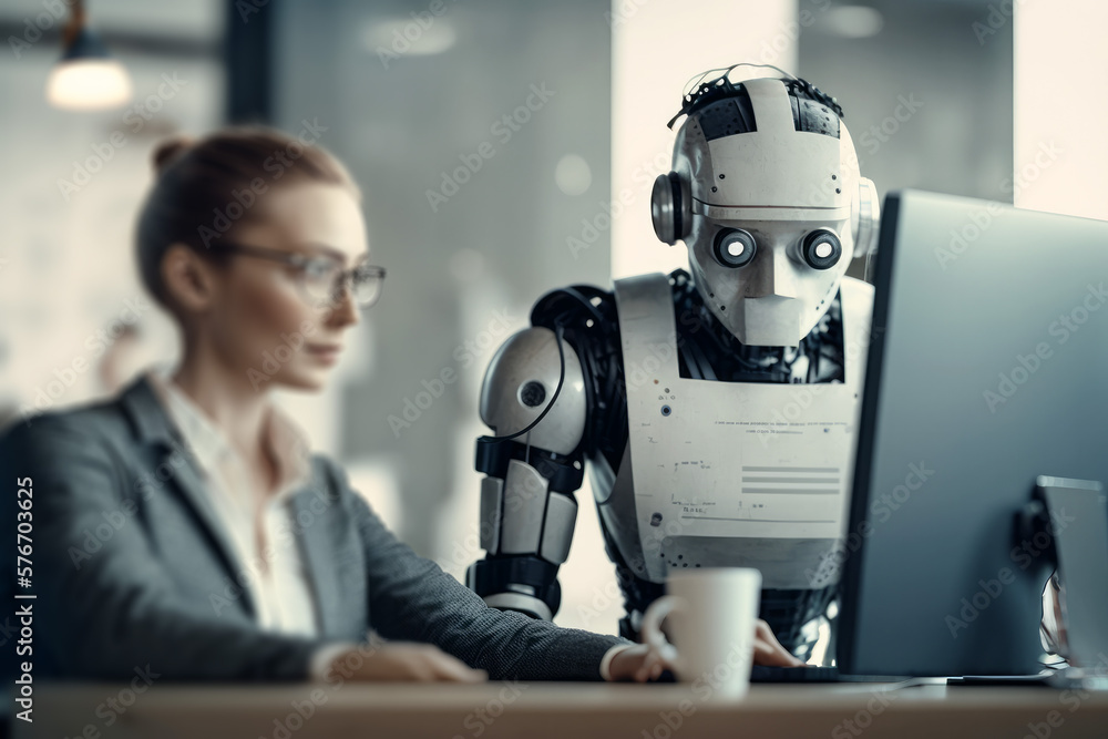 Poster a robot working in a modern office with real people. ai artificial intelligence technology at work. 