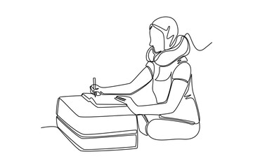 Continuous one line drawing happy woman writing trip list. Travel experience concept. Single line draw design vector graphic illustration.
