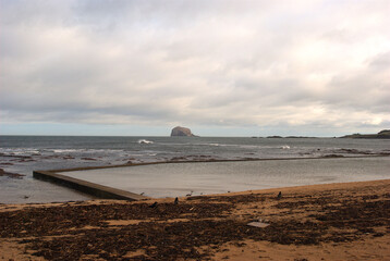 North Berwick beach paddling pool and Bass Rock