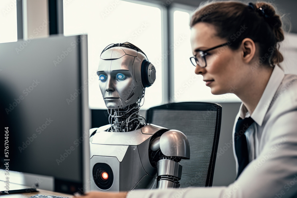 Poster a robot working in a modern office with real people. ai artificial intelligence technology at work. 