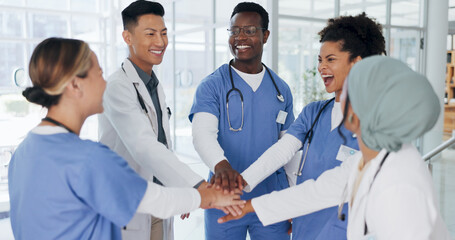 Doctor, hands or stack in teamwork motivation, collaboration or cheering in healthcare, wellness or...