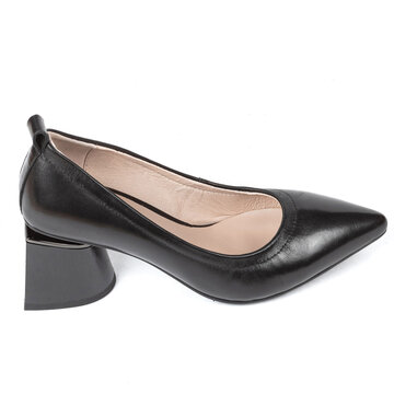 Black women's leather shoes with thick heels with a sharp toe on a white background