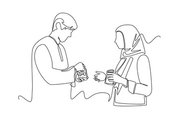 Continuous one line drawing couple eating cookies together. Eid al-Fitr concept. Single line draw design vector graphic illustration.